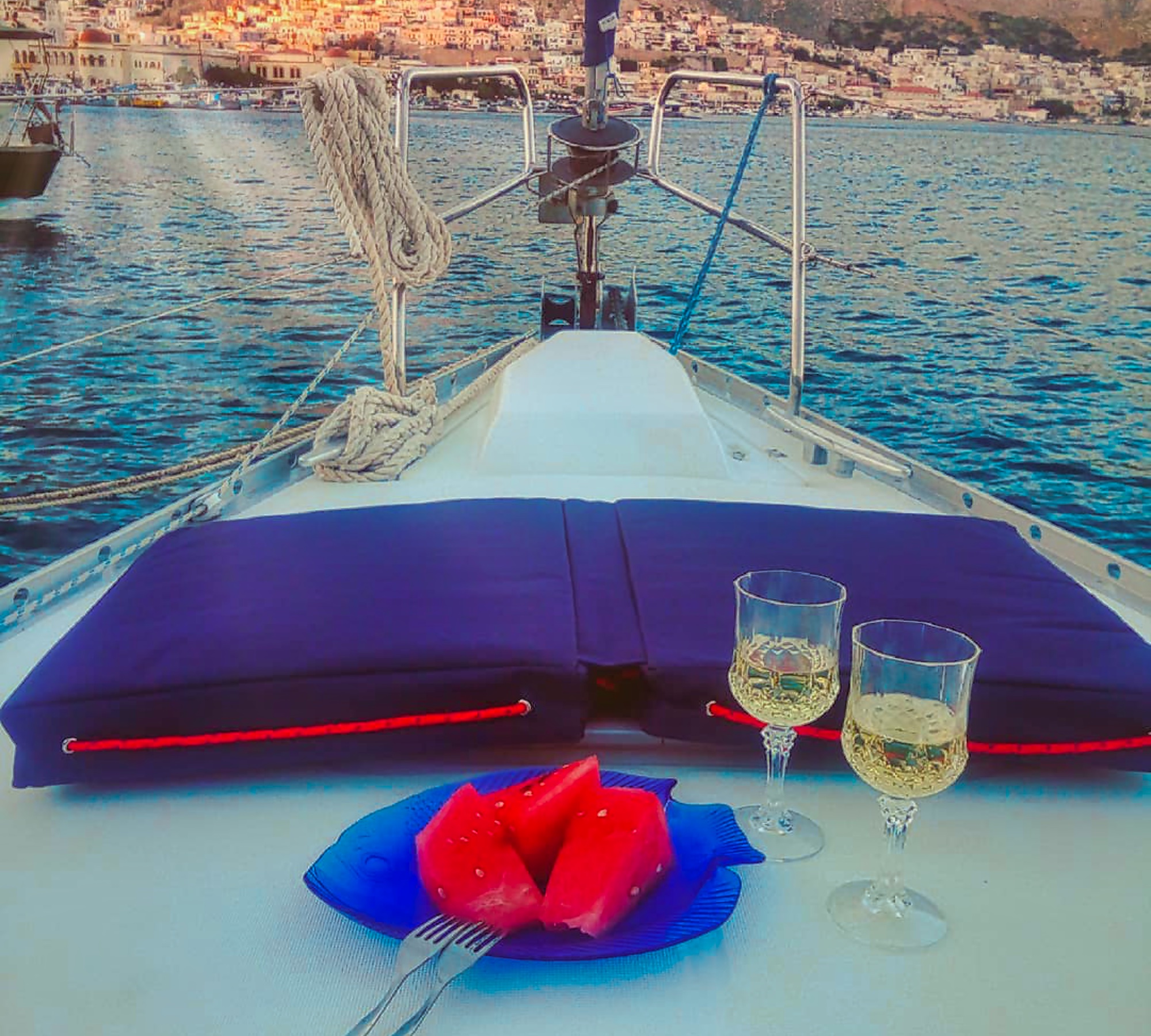 champagne on yacht foredeck