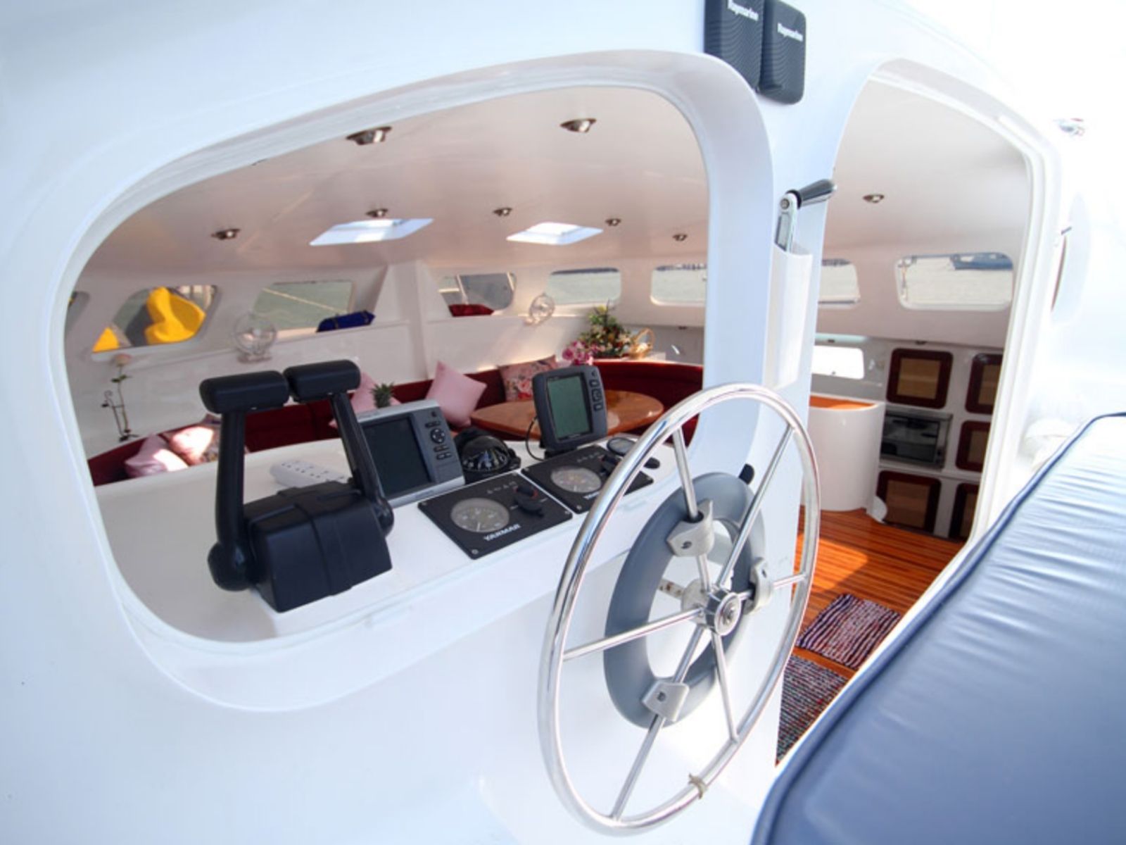 view from helm to interior of catamaran